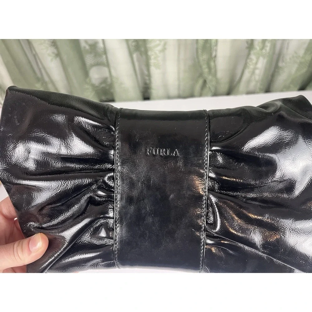 FURLA Made In Italy Patent Leather Clutch Bow Black